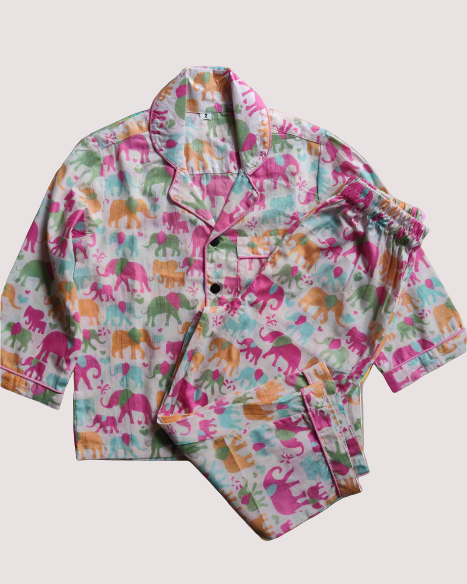 Pure Cotton girls elephant printed full sleeve night suit set