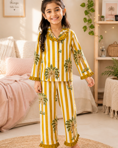 A beautiful coconut printed striped night suit set in 100% cotton fabric and has frill on sleeves and pants hemline