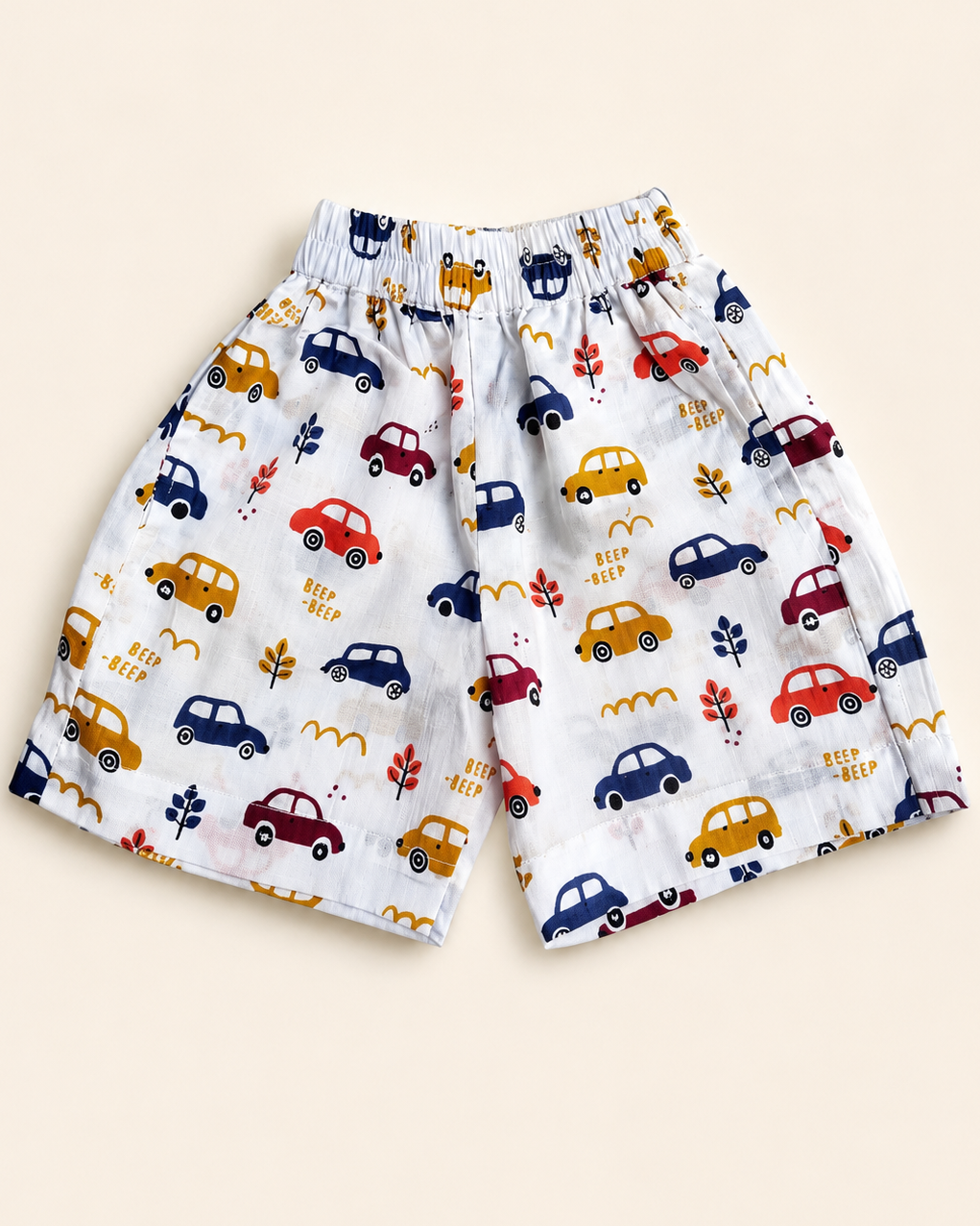 Set of children's pajama shorts with car pattern on a beige background from Aruvo