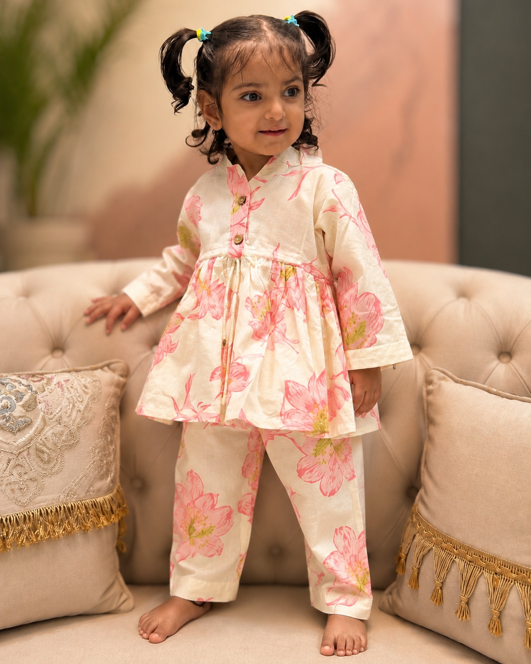 Child wearing a floral outfit from Aruvo, standing on a couch with decorative pillows.