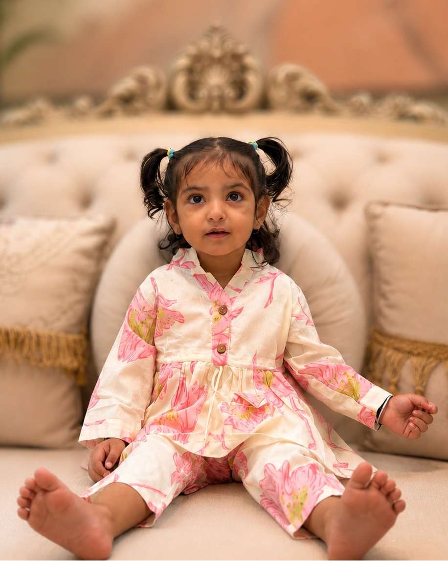 Child wearing a floral outfit from Aruvo, standing on a couch with decorative pillows.