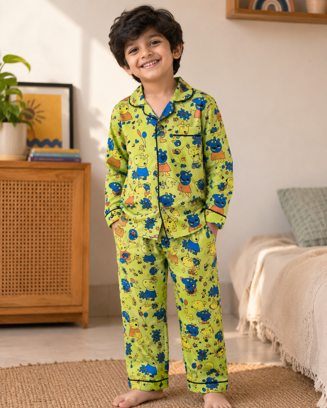 Child wearing green pajamas set with peppa from Aruvo in a bedroom setting
