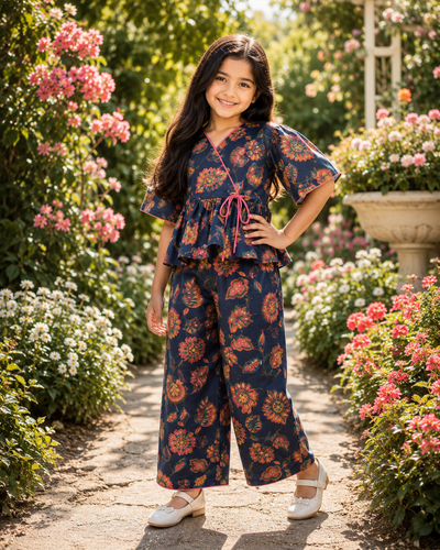 Young girl in a floral outfit from Aruvo standing in a garden with flowers around her.