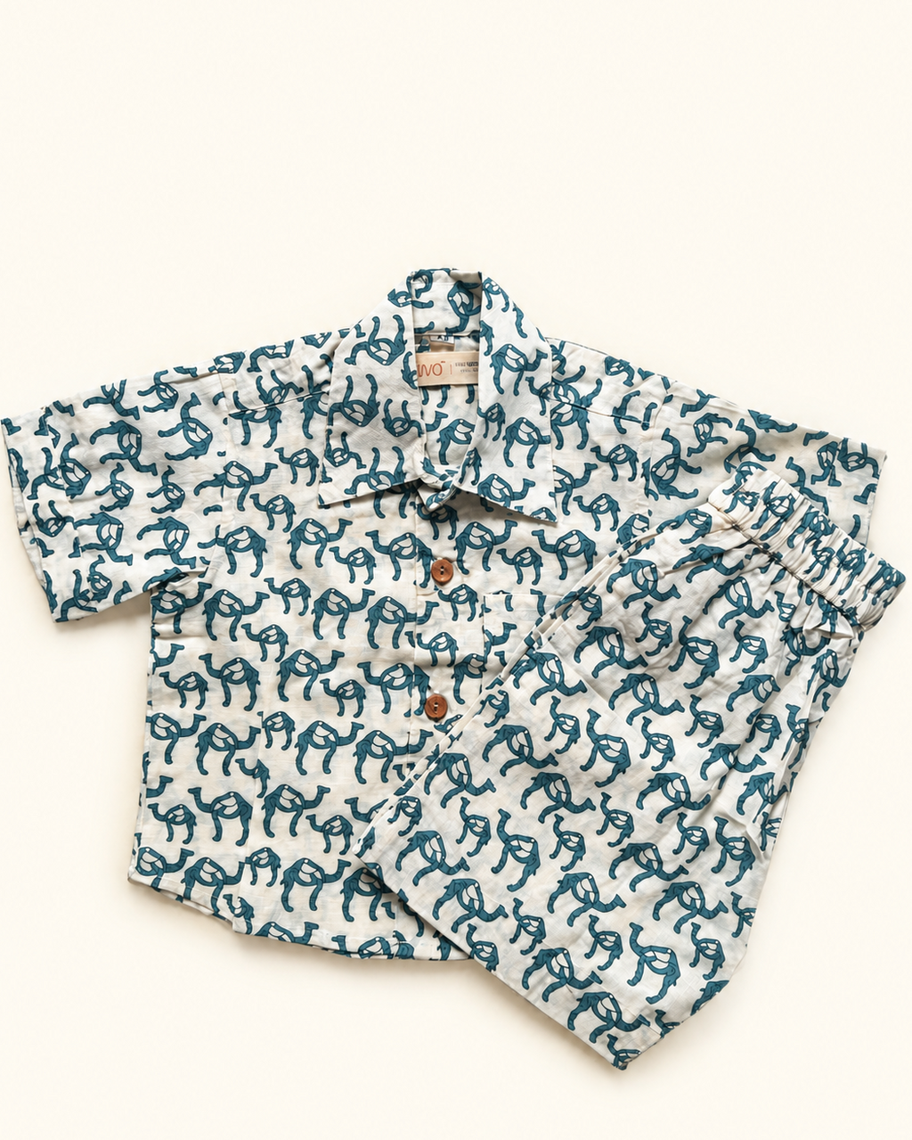 Kids Camel Co-ord Set | Blue Cotton Half Sleeve Shirt & Shorts | Aruvo™