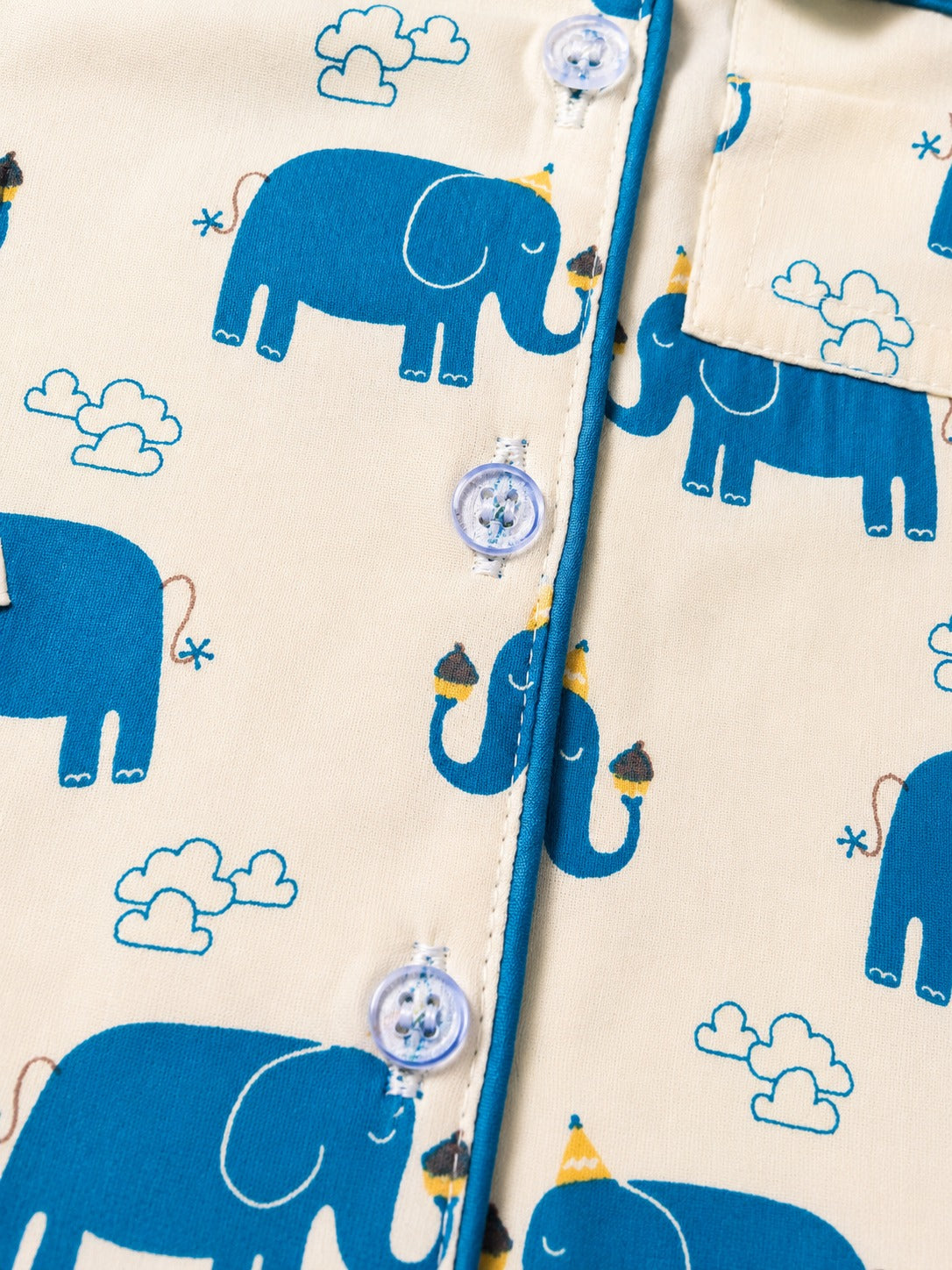 A close-up look of a full sleeve Elephant printed Night suit set from Aruvo