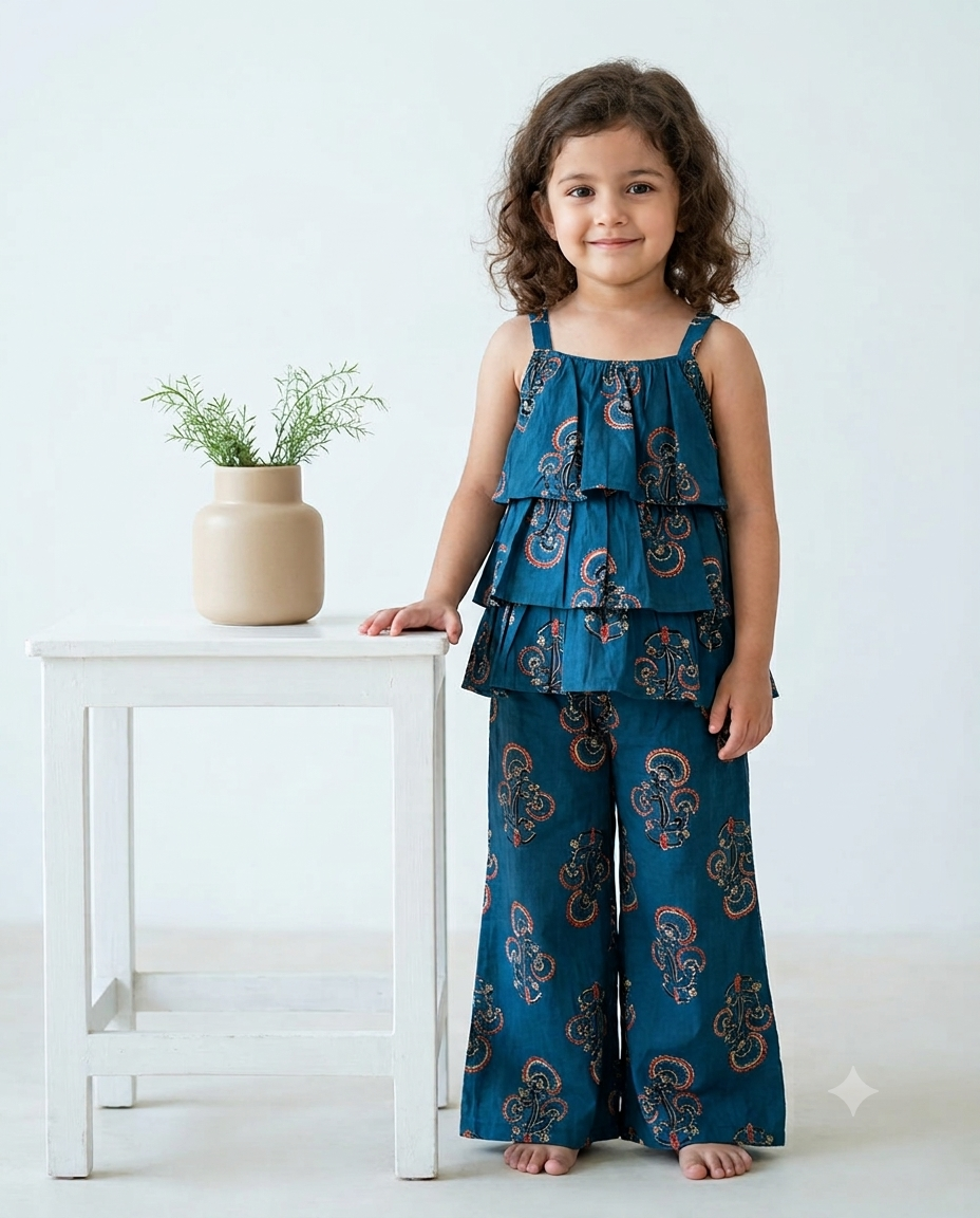 A young girl is wearing a strapped sleeve top with matching pant, crafted from 100% cotton fabric from Aruvo