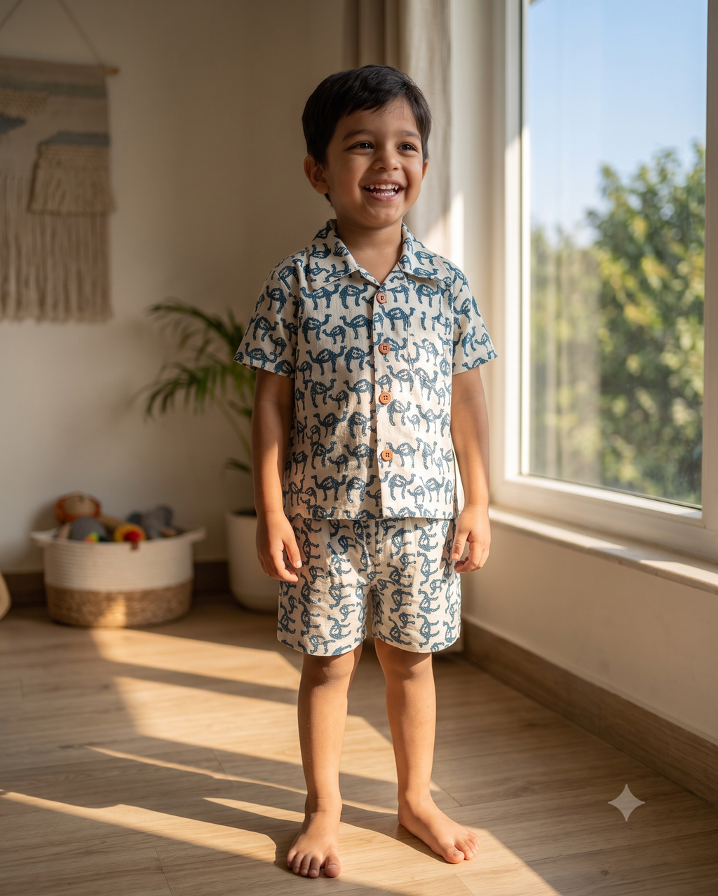 A toddler is wearing teal coloured camel printed shorts set standing near a window smiling