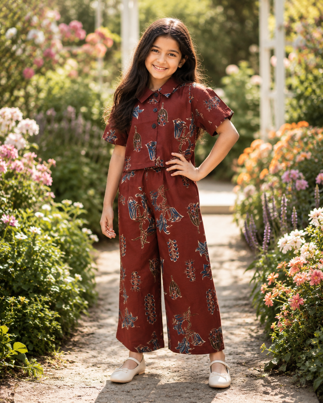 Rust Petals Crop Top Set for Girls | 100% Cotton Floral Outfit | Aruvo™