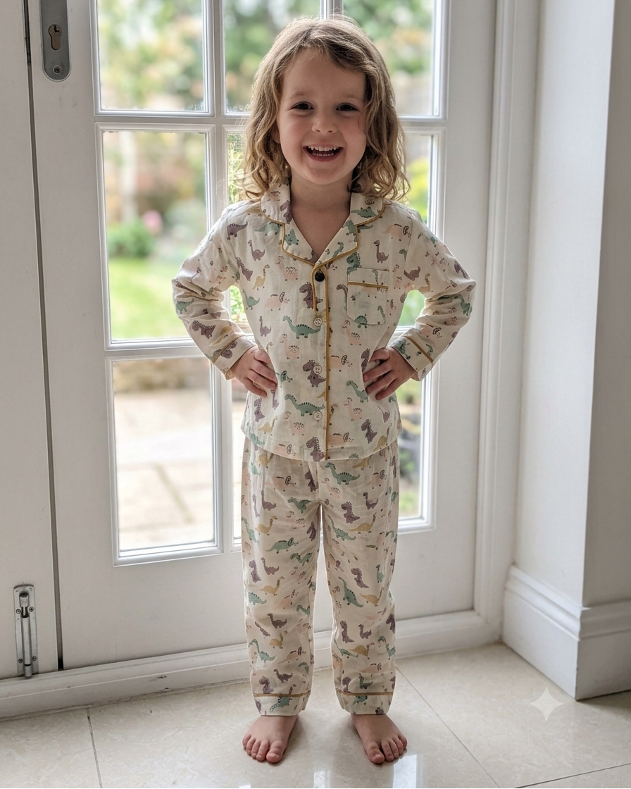 A toddler is wearing a cotton fabric Dianasore printed Night suit set from Aruvo standing near a white  Door fglass