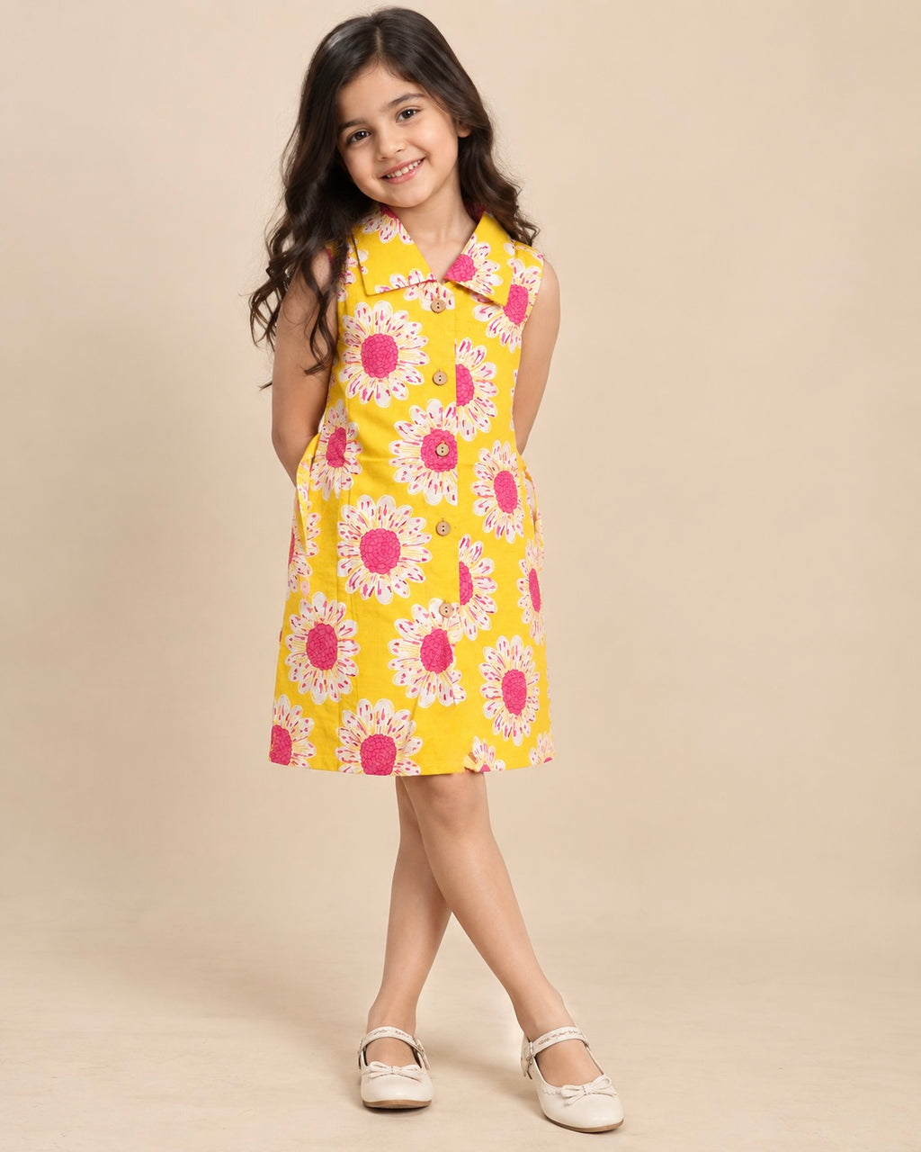 A young girl with long dark hair stands against a solid beige studio background wearing a sleeveless yellow dress with a pink and white floral pattern, from Aruvo