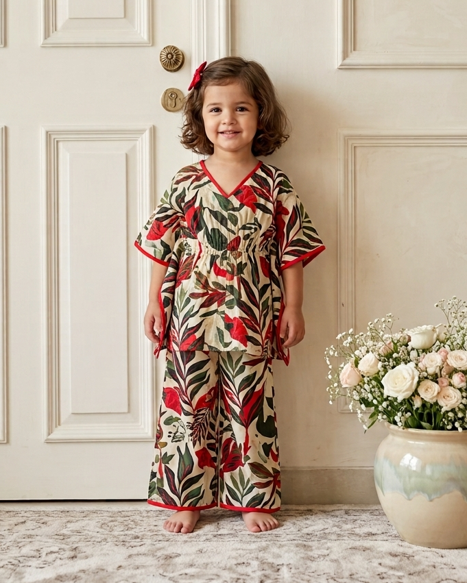 A girl is standing on white door wearing a kaftan crafted from 100% cotton fabric from Aruvo