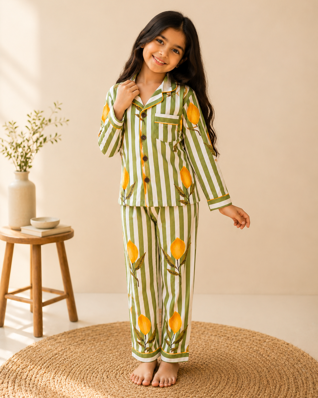A toddler wearing premium Green striped floral printed cotton night suit set from Aruvo, standing on a rug and is smiling