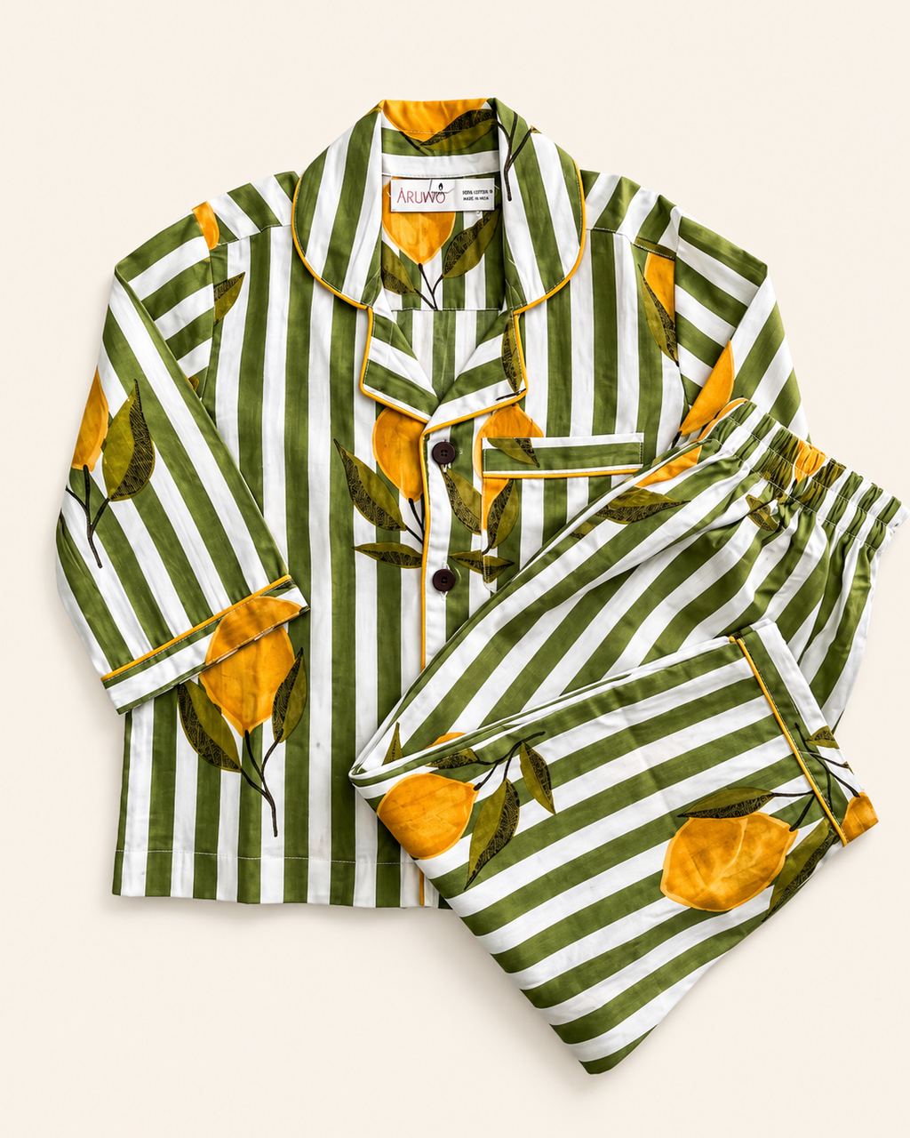 A green striped floral printed cotton kids night suit set 
