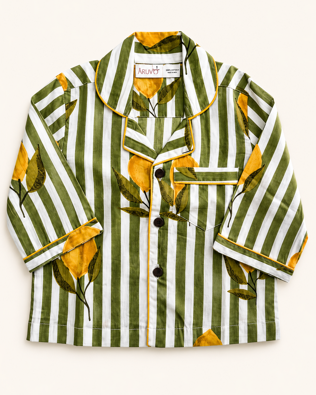 Aruvo's kids premium green triped night suit's shirt on white background