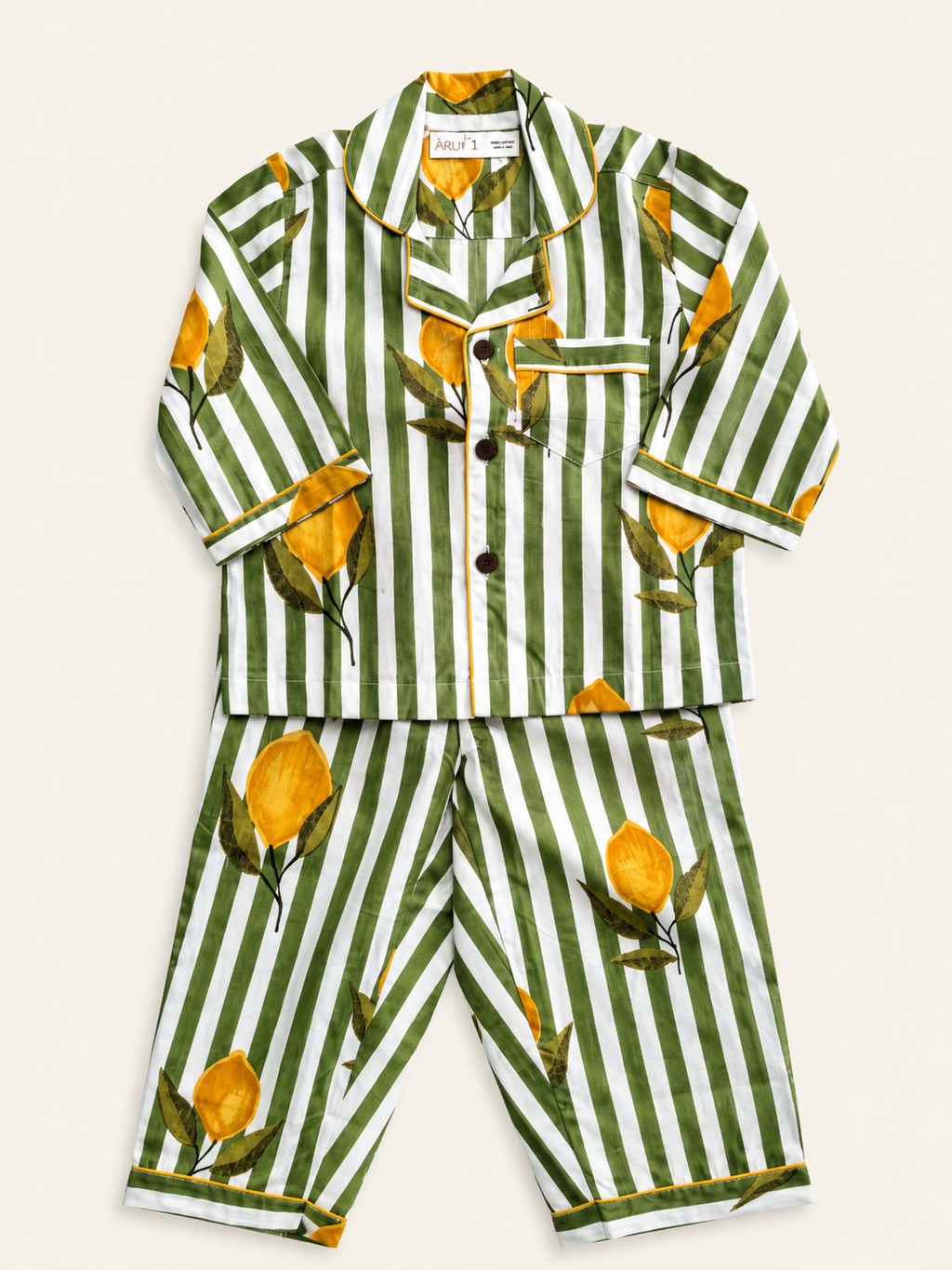 Aruvo's kids premium green striped night suit set on white background