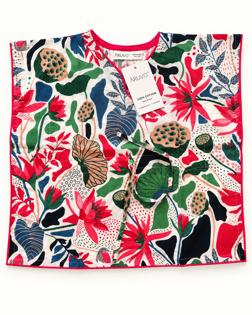 A kaaftan is lying on the white background with V Neck, and in floral printed. There is a string to tie in front