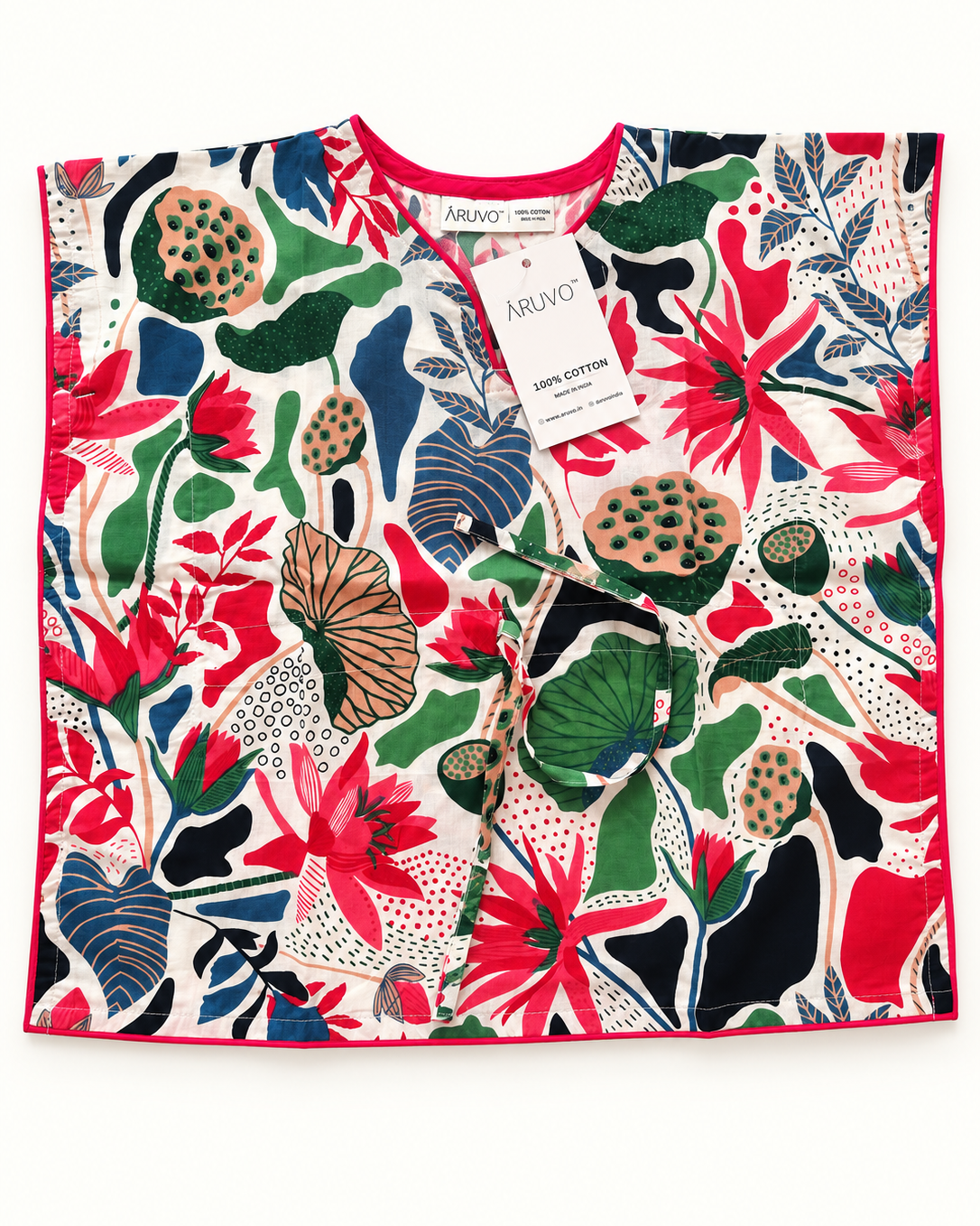 A kaaftan is lying on the white background with V Neck, and in floral printed. There is a string to tie in front