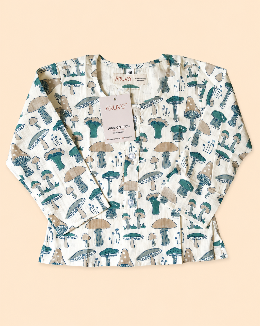 A long-sleeve button-front top by ARUVO, featuring an all-over mushroom print in teal, beige, and brown on a cream background, with a paper tag attached.