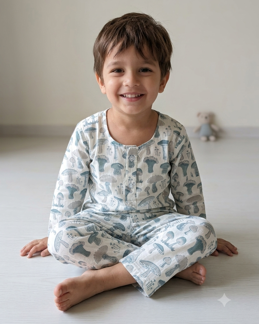 A smiling young boy sits cross-legged on a light floor wearing a long-sleeve pajama set with a blue-gray mushroom pattern from Aruvo on a white background.