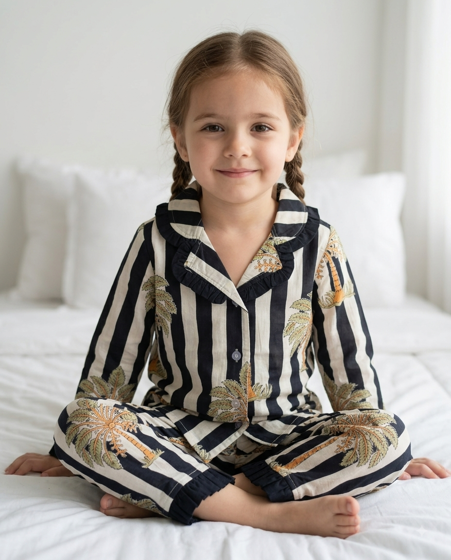 Girls Pure Cotton Night Suit | Coconut Palm Navy Striped Frill  | Aruvo™