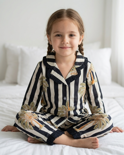 Girls Pure Cotton Night Suit | Coconut Palm Navy Striped Frill  | Aruvo™