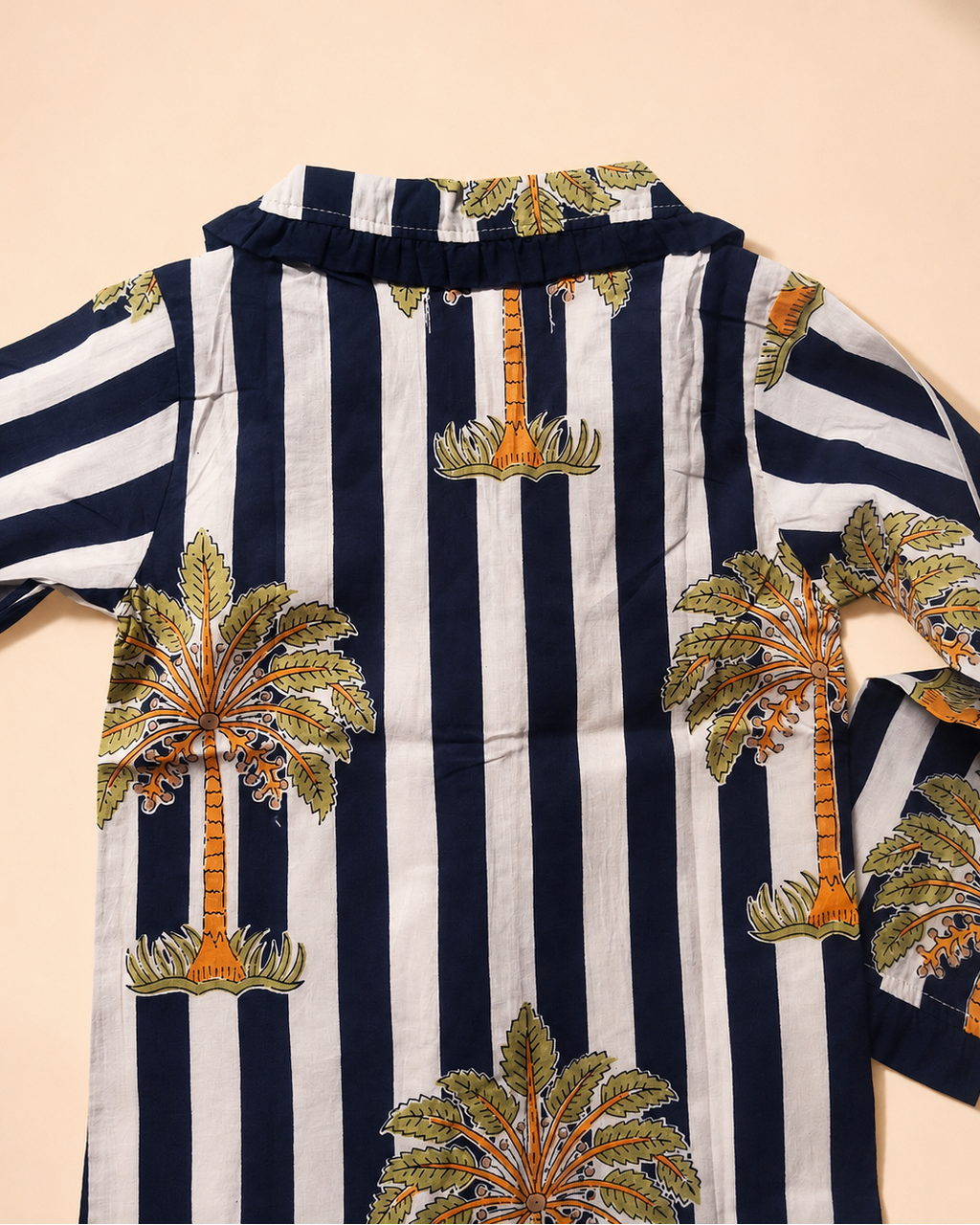 Girls Pure Cotton Night Suit | Coconut Palm Navy Striped Frill  | Aruvo™