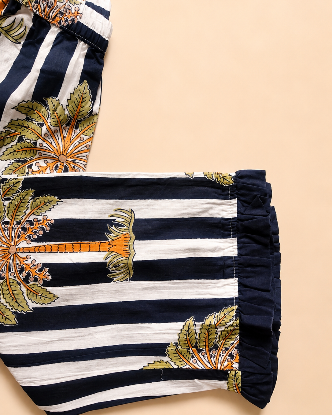 Girls Pure Cotton Night Suit | Coconut Palm Navy Striped Frill  | Aruvo™