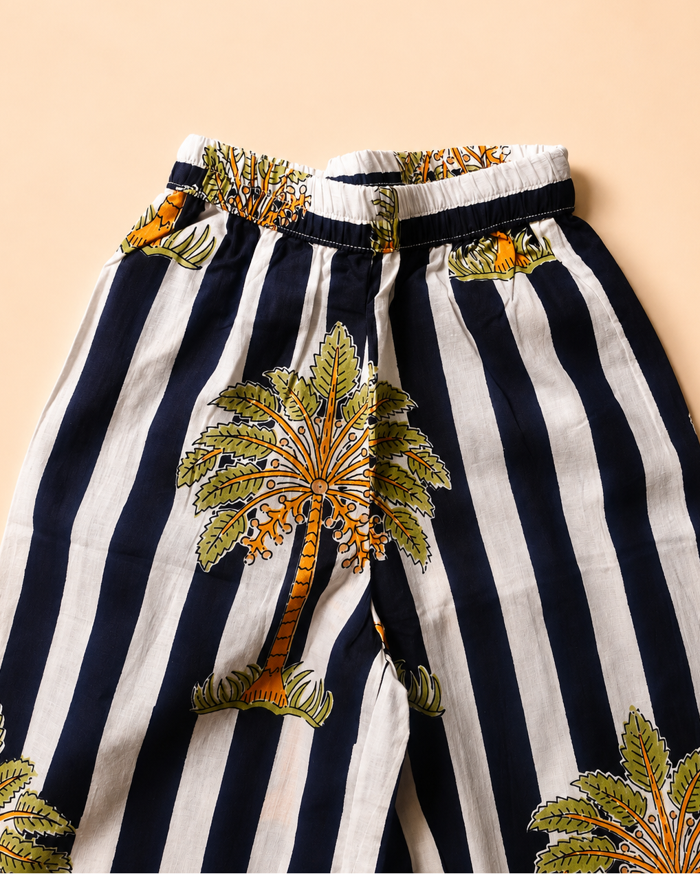 Girls Pure Cotton Night Suit | Coconut Palm Navy Striped Frill  | Aruvo™