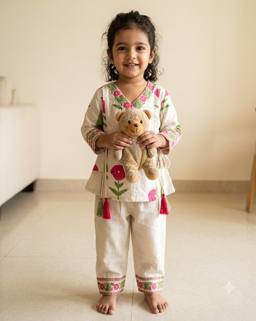 A young child stands barefoot indoors holding a small teddy bear, wearing a cream-colored two-piece pajama set with colorful floral embroidery and tassel details, from Aruvo.