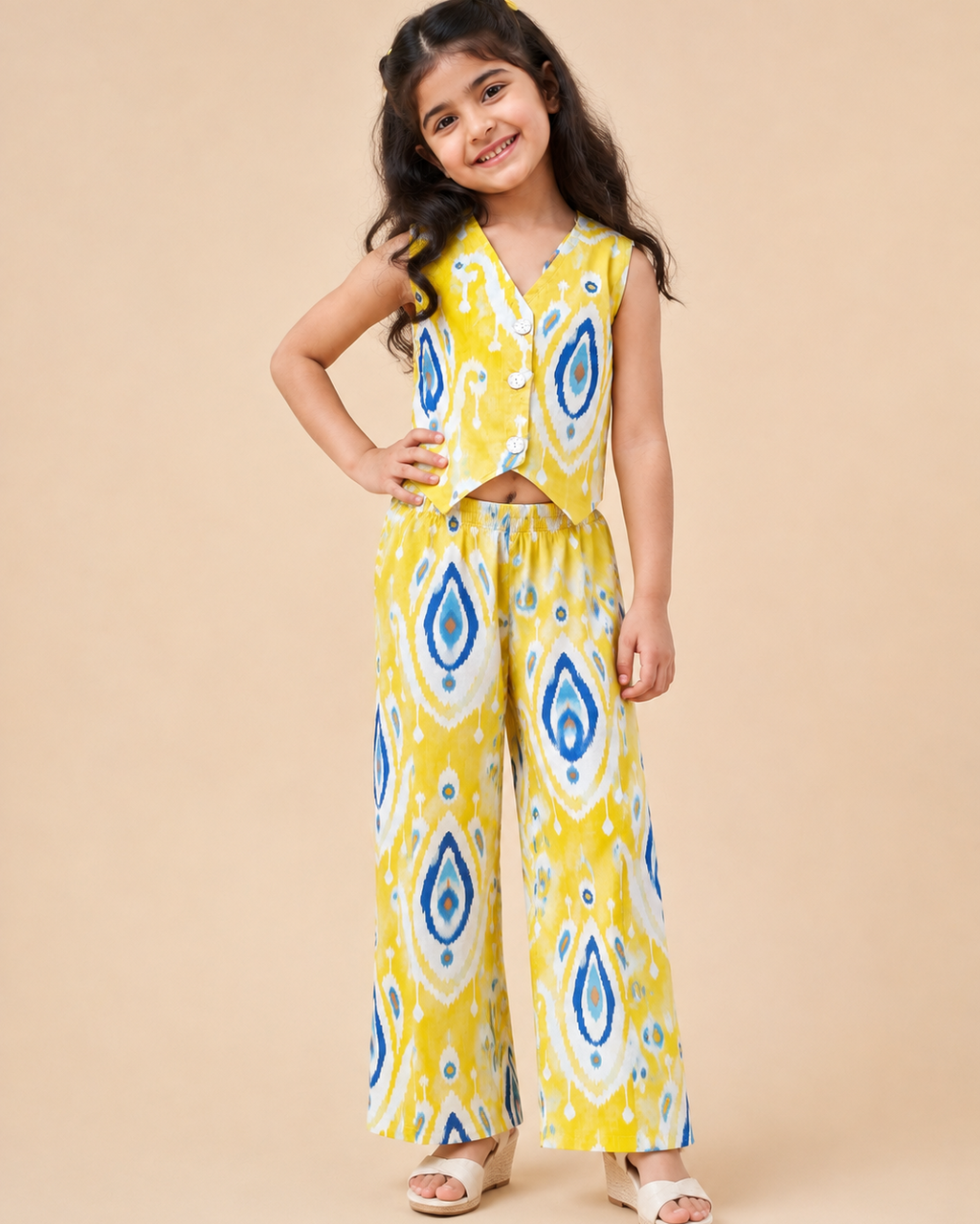 A young girl modeling a yellow sleeveless vest and matching wide-leg pants set with a blue and white ikat pattern from Aruvo, standing against a solid beige studio background.