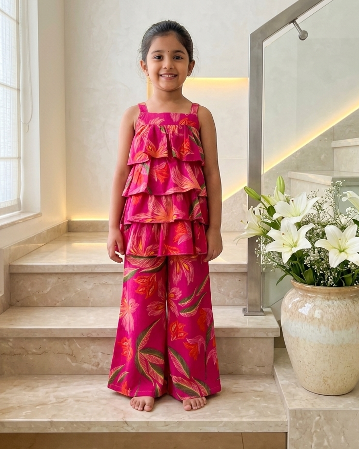 A young girl standing near stairs, wearing a bright pink tiered sleeveless top and matching wide-leg pants with a bold orange and green floral pattern dress from Aruvo
