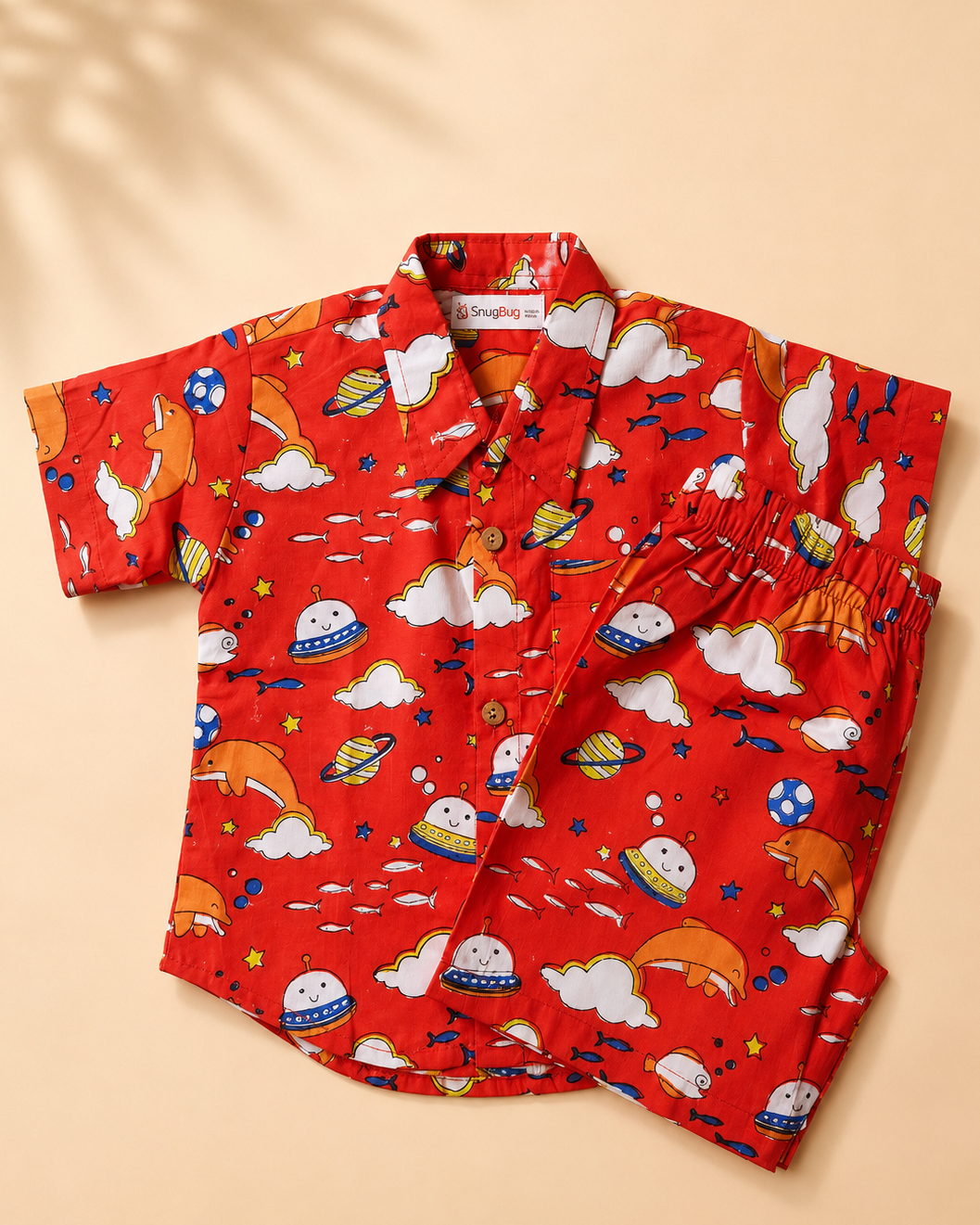 A two-piece short-sleeve pajama set featuring a red button-up shirt and matching shorts with a colorful cartoon space print of planets, stars, clouds, and aliens, laid flat on a beige background.