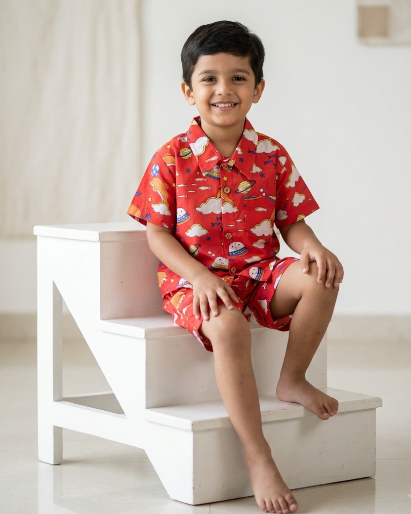 A young boy wearing a red short-sleeve button-up shirt and matching shorts with a playful dolphin, cloud and rocket print from Aruvo, sitting on white wooden stairs in a bright indoor setting.