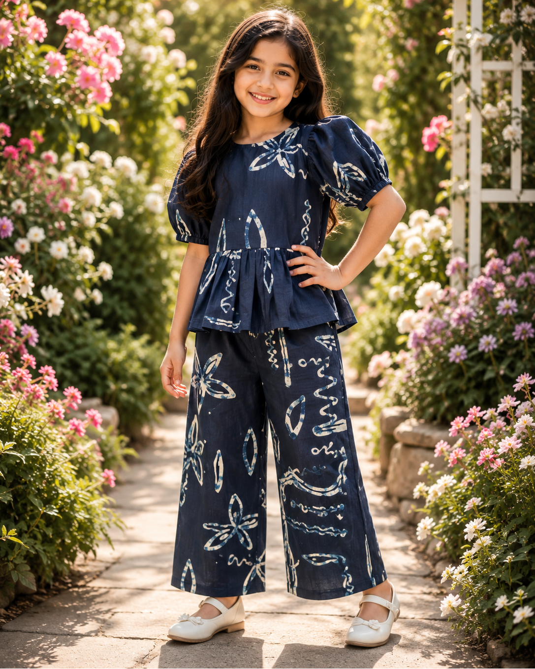 Young girl in a navy blue outfit with white patterns, from Aruvo standing in a garden with flowers.