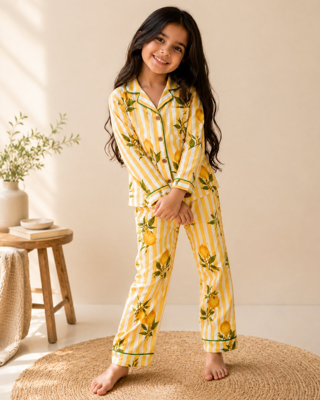 A girl is wearing premium full sleeve Yellow striped, floral printed kids night suit set from Aruvo, standing on a rug with white background
