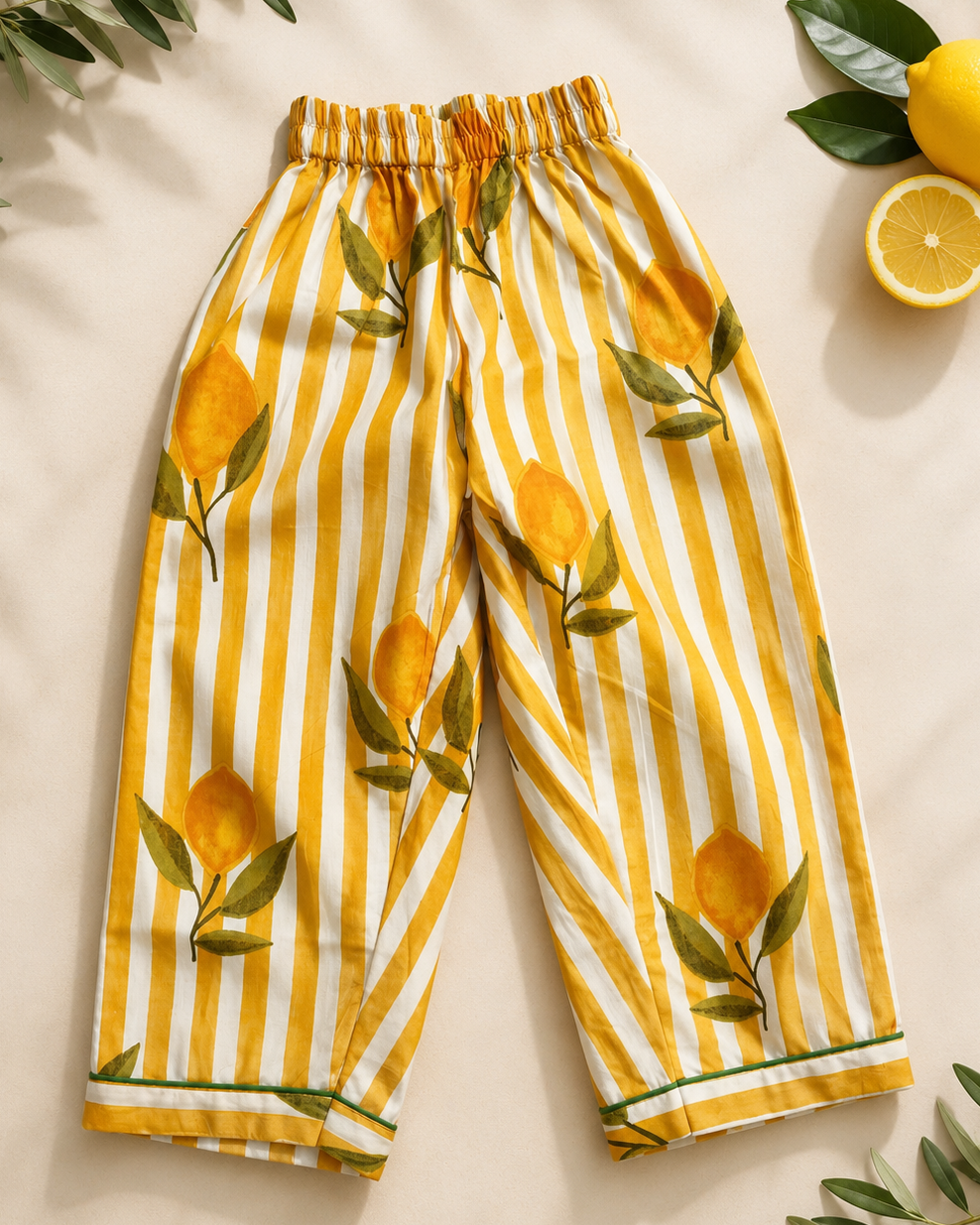 A premium full sleeve Yellow striped, floral printed kids nightsuit's pant from Aruvo