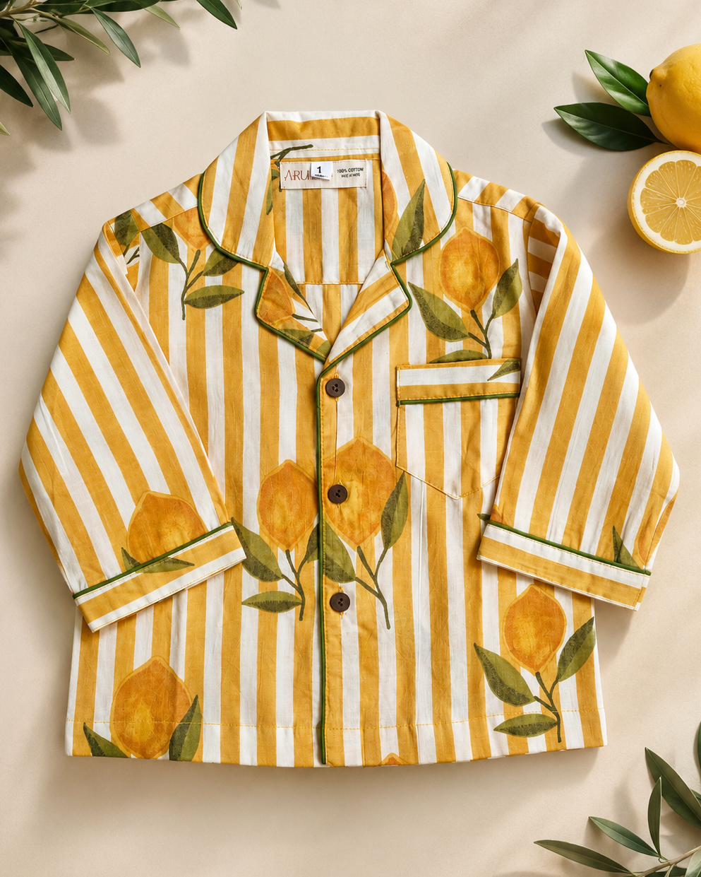 A premium full sleeve Yellow striped, floral printed kids nightsuit's shirt from Aruvo