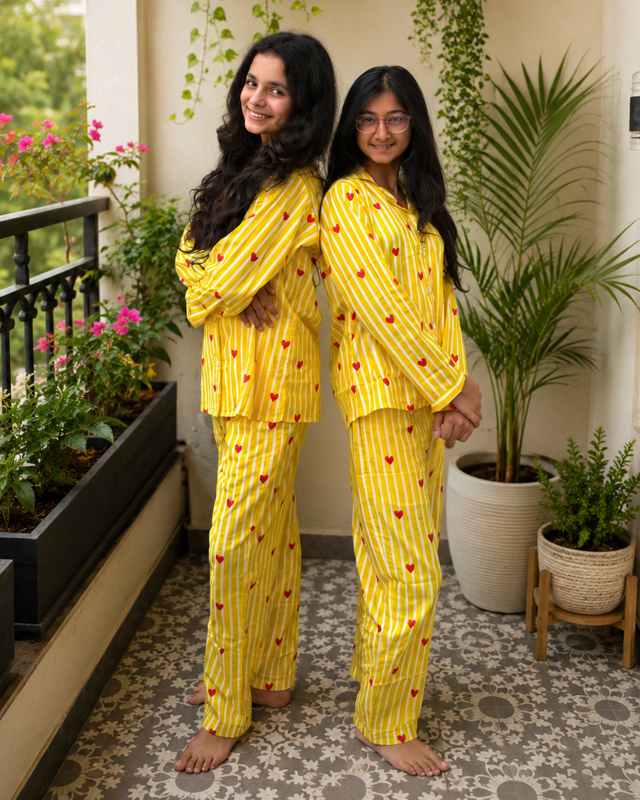 Two girls wearing heart printed yellow full sleeve night suit set from Aruvo, standing in the balcony