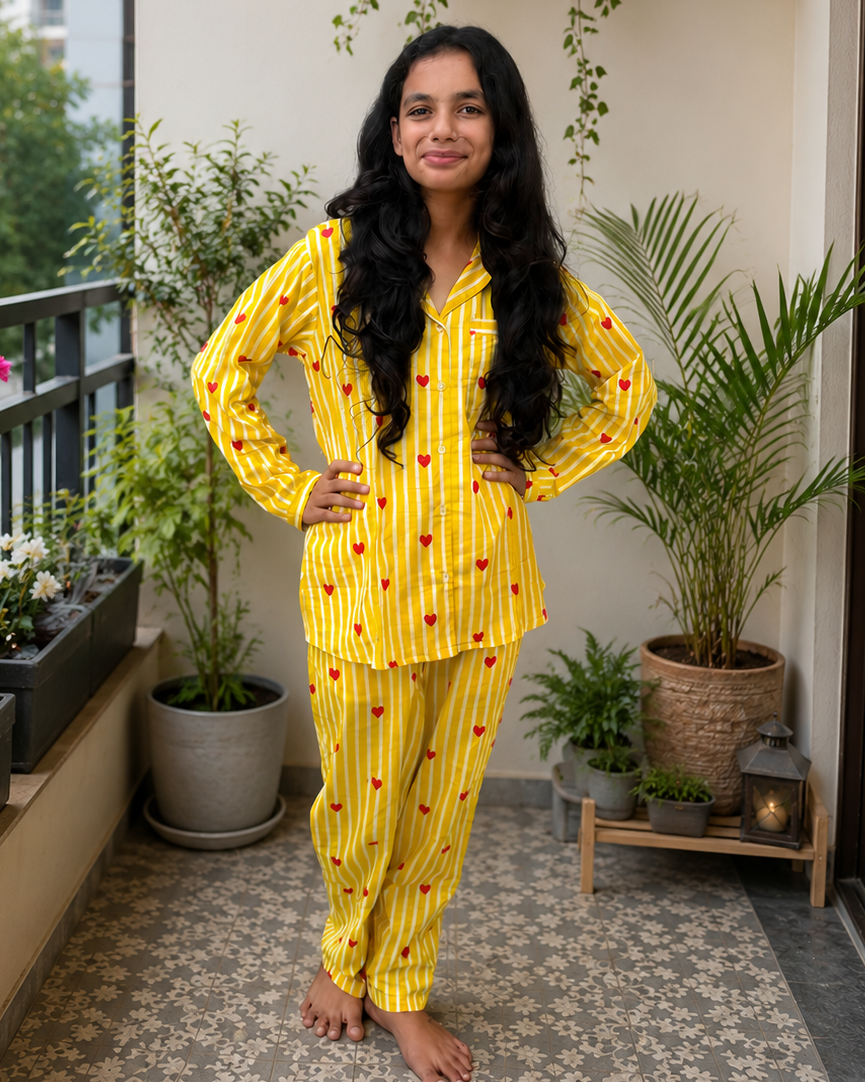 A girl wearing heart printed yellow full sleeve night suit set from Aruvo, standing in the balcony