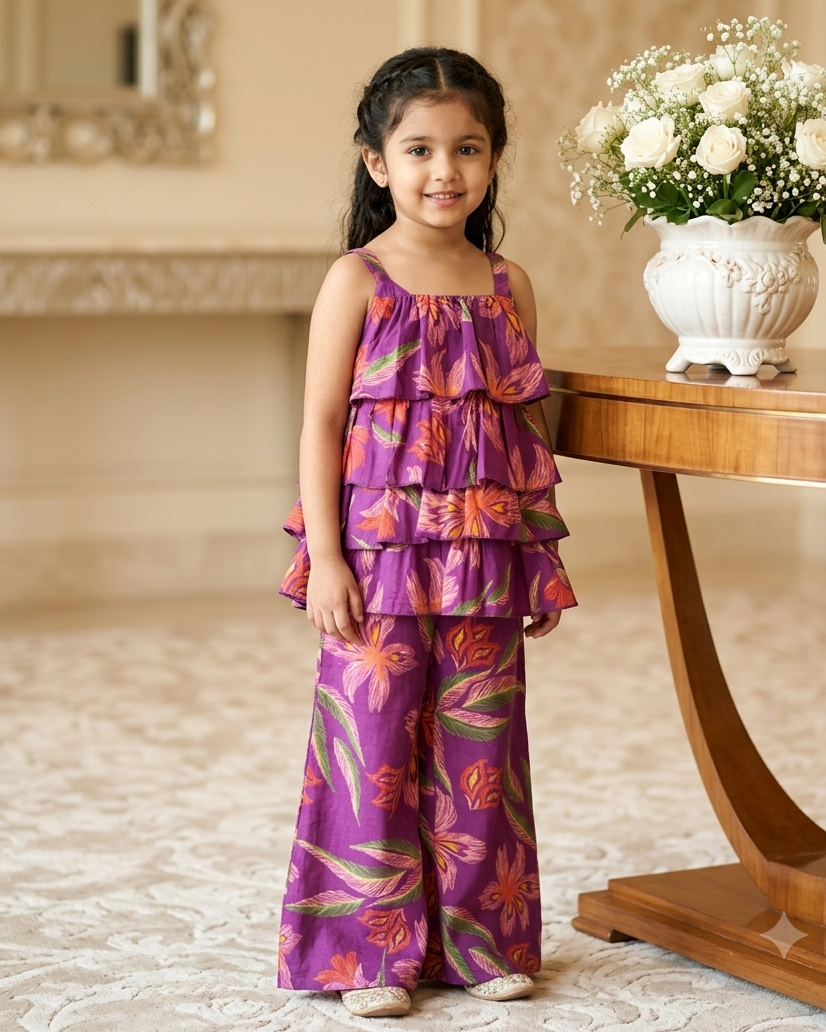 A young girl is wearing a purple strapped  sleeve top with matching pant, crafted from 100% cotton fabric from Aruvo, standing near a flower pot
