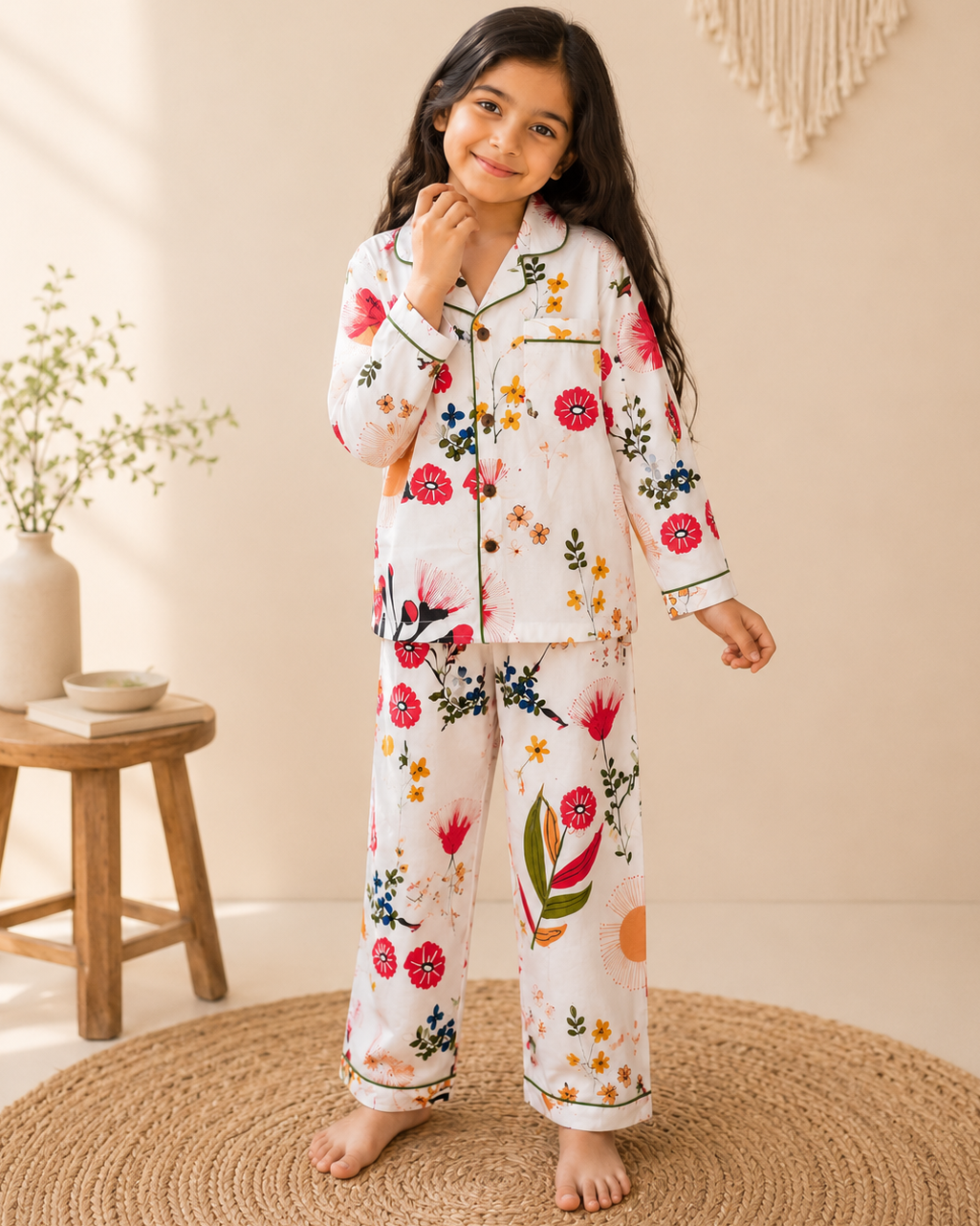 White Wildflower Cotton Kids Night Suit | Floral Pajama Set | Aruvo™