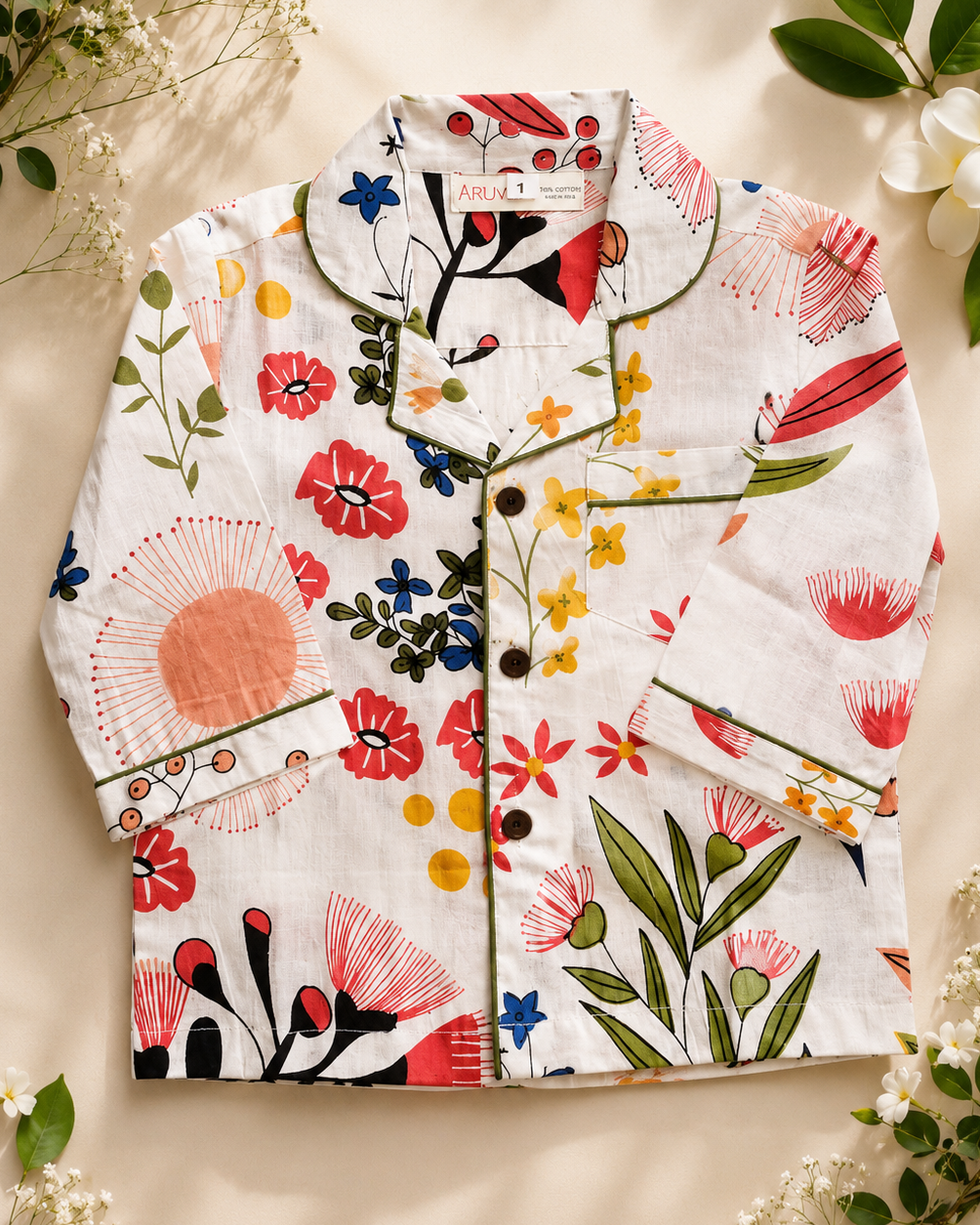 Aruvo premium Cotton kids night suit set's Shirt in white color with floral printing on it