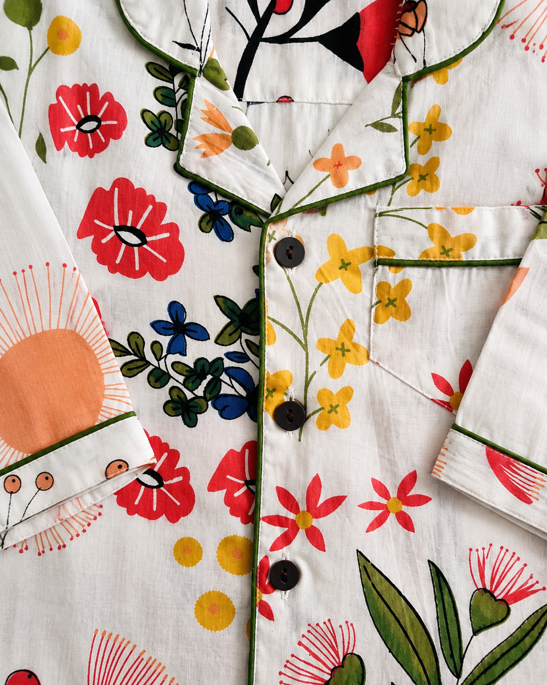 Aruvo premium Cotton kids night suit set's Shirt in white color with floral printing on it