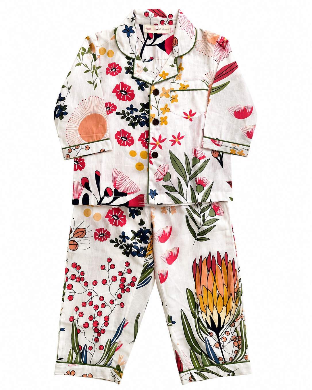 Aruvo premium Cotton kids night suit set in white color with floral printing on it