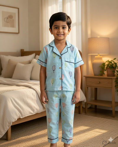 A boy wearing half sleeve Hot Balloon printed Pure cotton Night suit set