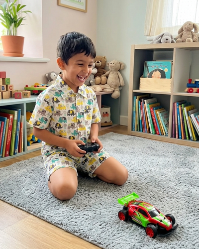 A toddler is playing with remote car, wearing Aruvo summer pure cotton, elephant printed co-ord set in white color