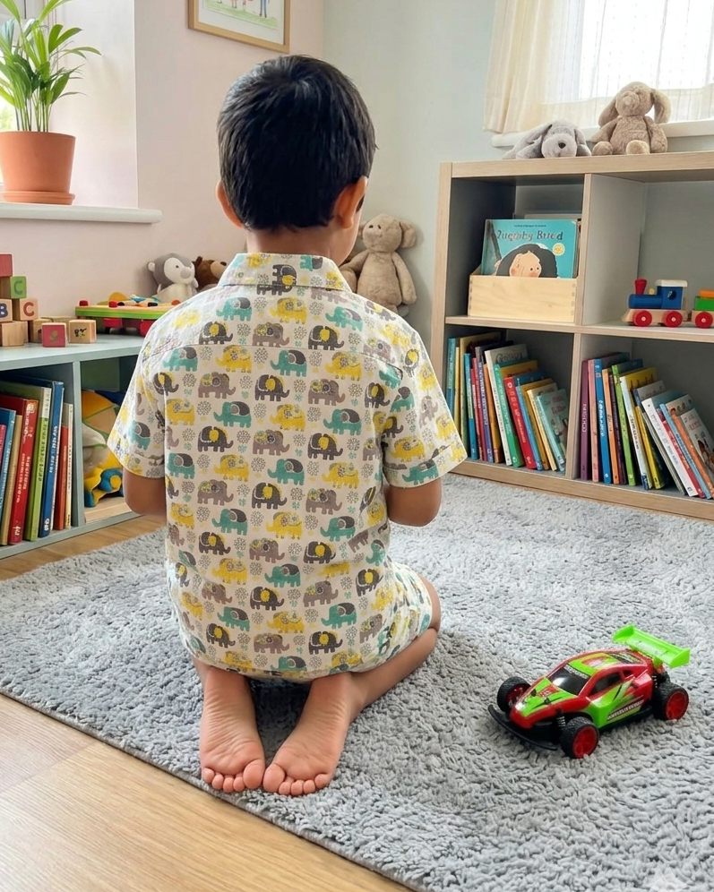 A toddler is playing with remote car, wearing Aruvo summer pure cotton, elephant printed co-ord set in white color