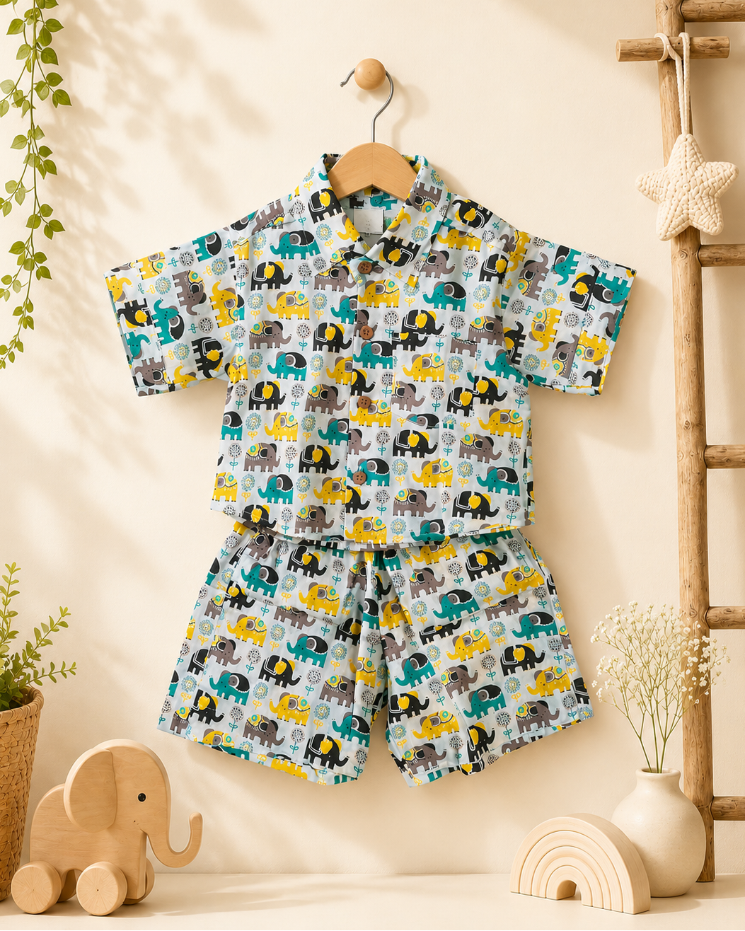 Aruvo summer pure cotton, elephant printed co-ord set in white color is hanging on the wall in a hanger