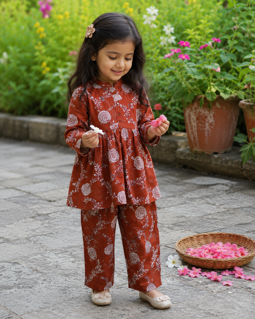 A cute girl is wearing pure cotton girls matching outfit set with peplum top, three-quarter sleeves and elasticated pants in breathable floral print fabric for casual wear and playdates.