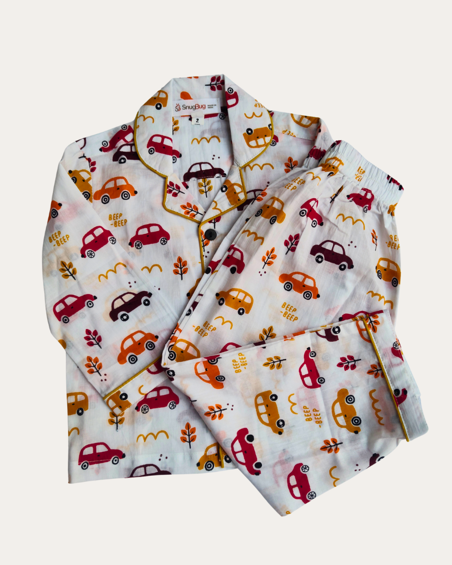 SnugBug Kids Cotton Car Printed Full Sleeve Night Suit Set with Front Open Button in Shirt and Elasticated comfortable pant